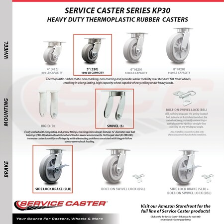 Service Caster 5 Inch Kingpinless Thermoplastic Rubber Wheel Caster Brakes 2 Swivel Locks, 4PK SCC-KP30S520-TPRRF-SLB-BSL-2-SLB-2